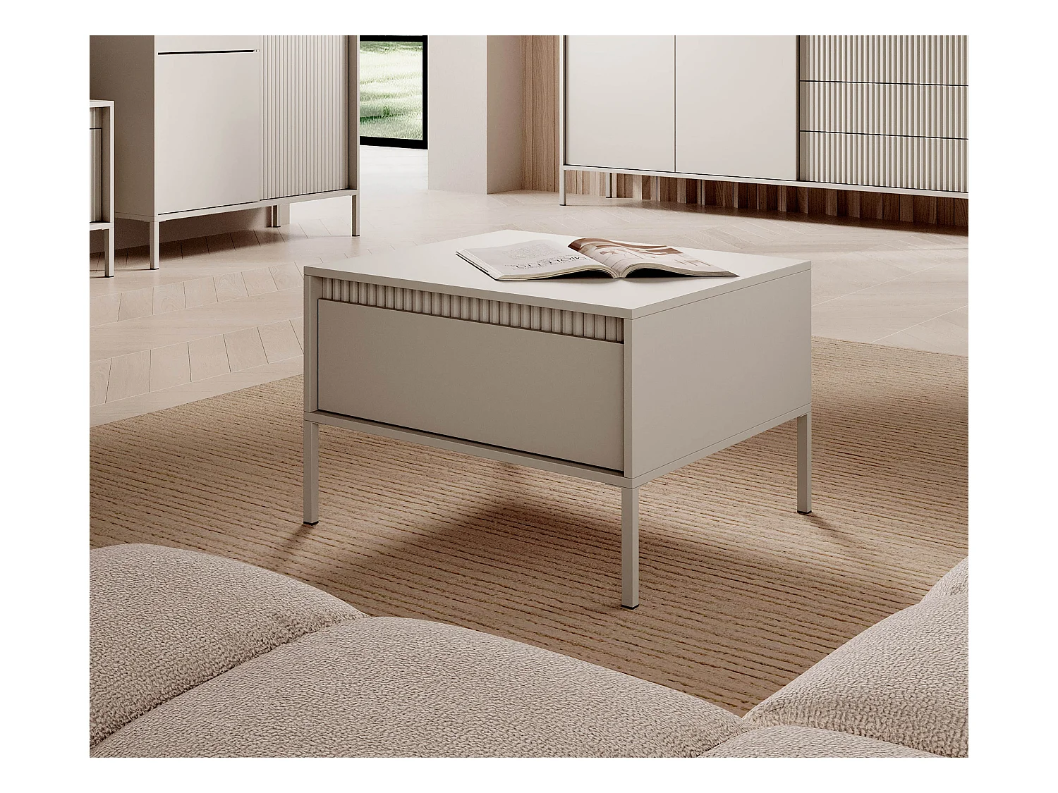 Table Basse Moderne Beige Carrée 68x68x48,4 cm avec Tiroir Push-to-Open Plateau MDF Laqué Pieds Métal Senso 1S