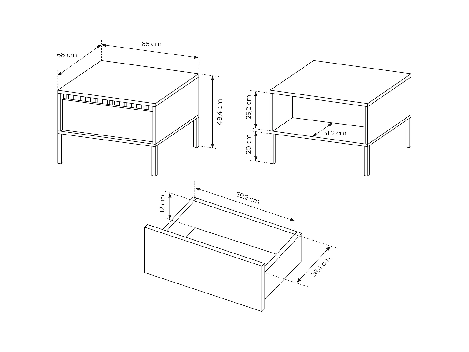 Table Basse Moderne Beige Carrée 68x68x48,4 cm avec Tiroir Push-to-Open Plateau MDF Laqué Pieds Métal Senso 1S