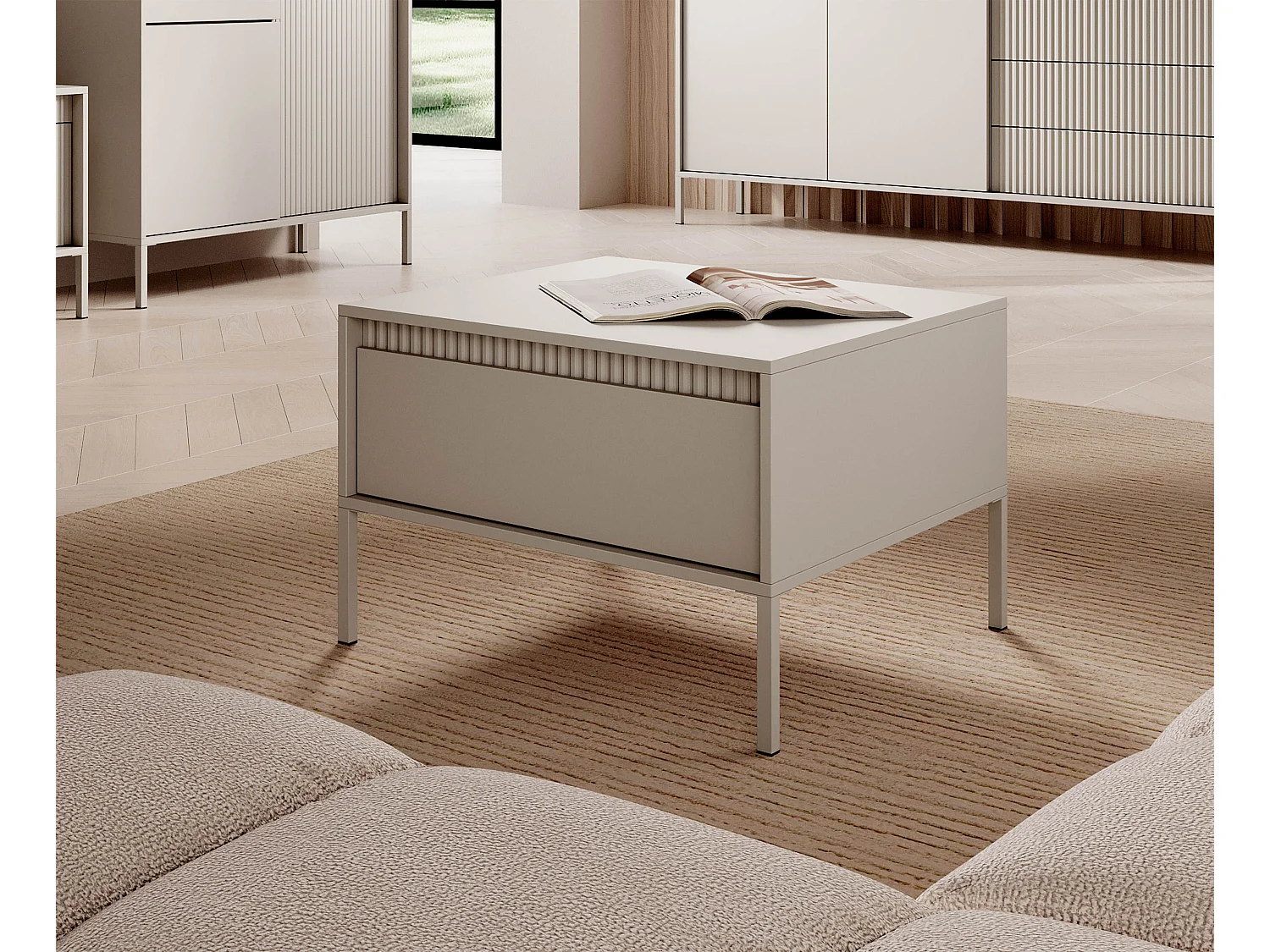 Moderne salontafel beige 68x68x48,4 cm met lade push-to-open MDF gelakt metalen poten vierkant Senso 1S vrijstaand design