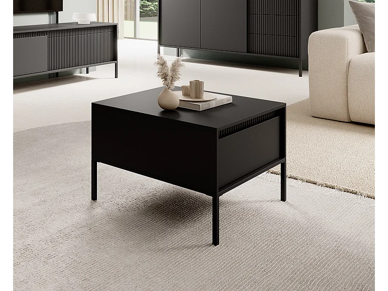 Moderner Couchtisch Schwarz Design-Look Quadratisch 68x68x48,4 cm Mit Schublade Push-To-Open MDF Metallbeine Wohnzimmer Tisch Senso 1S