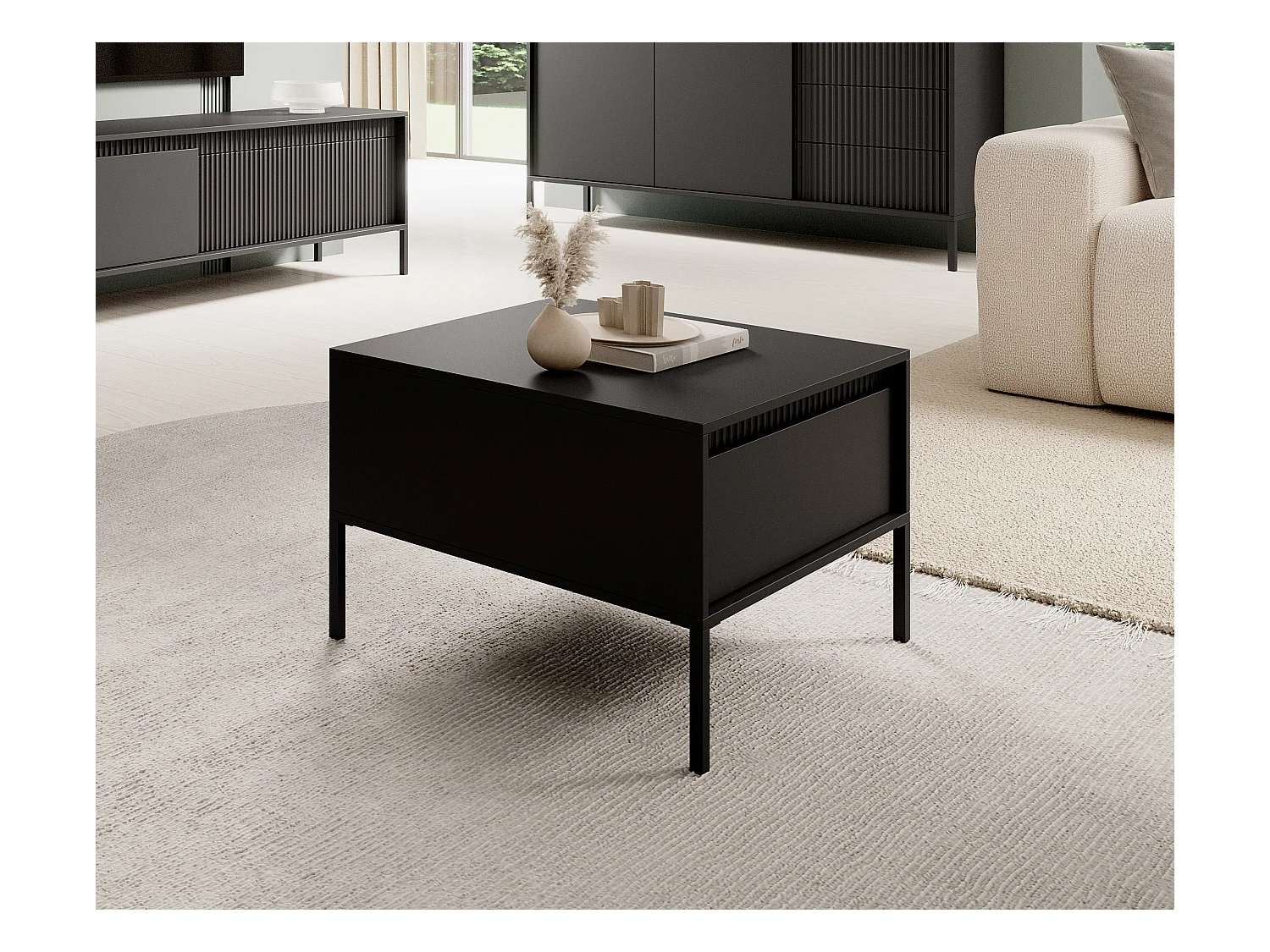 Table Basse Moderne Noire Carrée 68x68x48,4 cm avec Tiroir Push-to-Open MDF Pieds Métal Design Salon Senso 1S