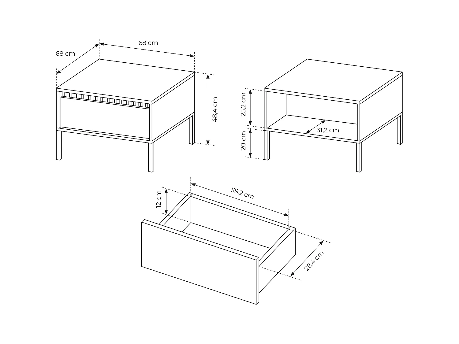 Table Basse Moderne Noire Carrée 68x68x48,4 cm avec Tiroir Push-to-Open MDF Pieds Métal Design Salon Senso 1S