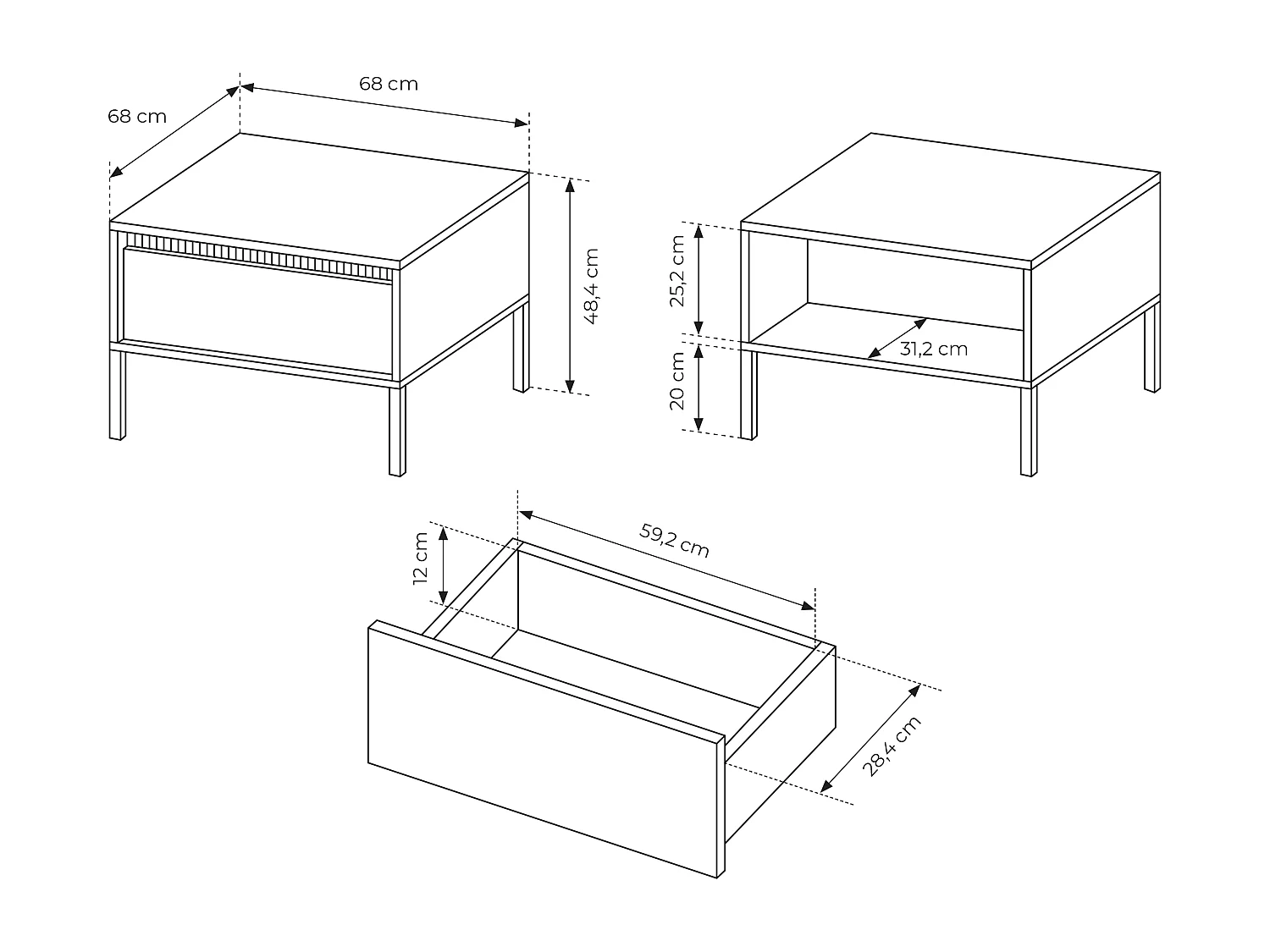 Moderne salontafel zwart 68x68x48,4 cm met lade push-to-open MDF metalen poten vierkant design Senso 1S voor woonkamer