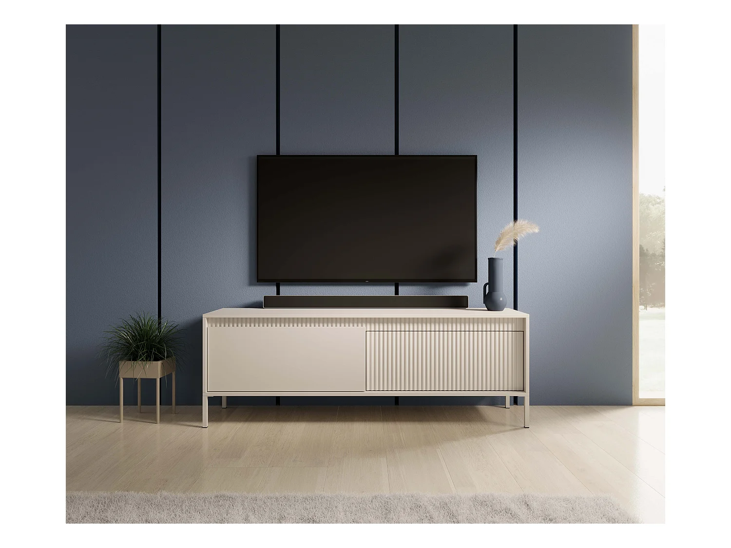 Meuble TV Beige 153 cm SENSO – Design Moderne, Façades MDF Rainurées, Push-to-Open, Pieds Métal, Rangement Salon