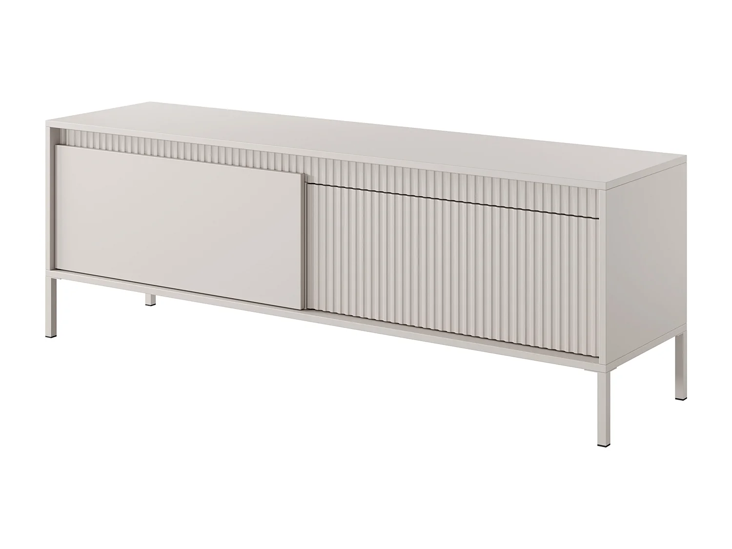 Meuble TV Beige 153 cm SENSO – Design Moderne, Façades MDF Rainurées, Push-to-Open, Pieds Métal, Rangement Salon