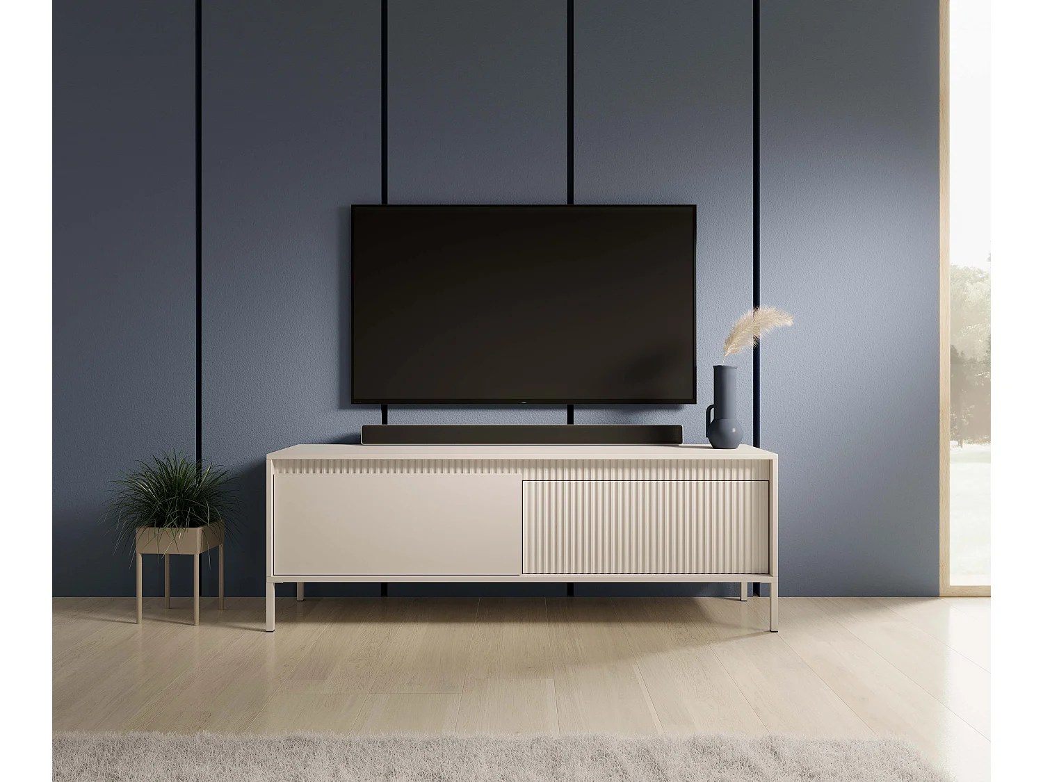 Meuble TV Beige 153 cm SENSO – Design Moderne, Façades MDF Rainurées, Push-to-Open, Pieds Métal, Rangement Salon