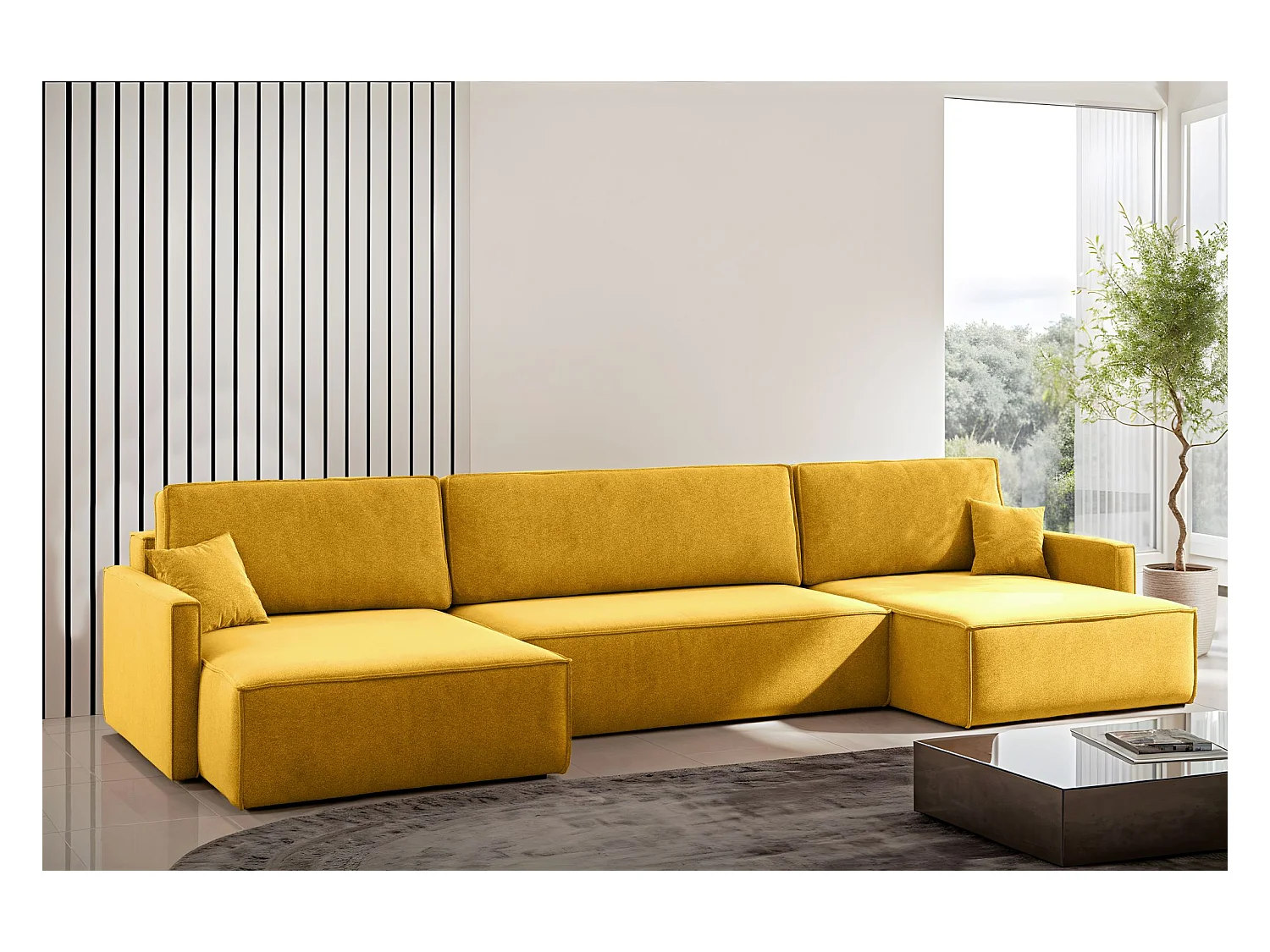 Divano angolare Carlos a U con funzione letto e contenitore, tessuto Salvador Yellow