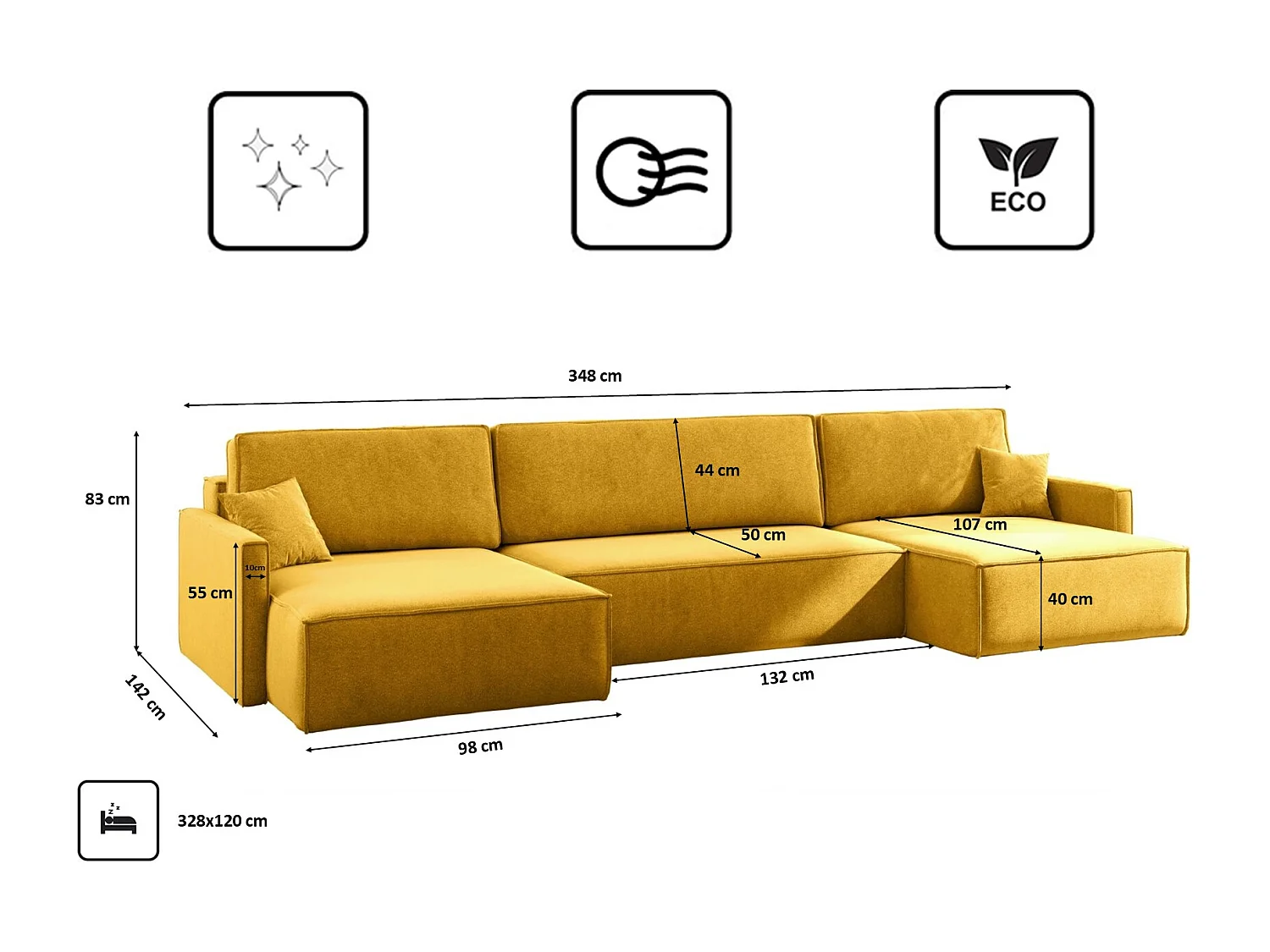 Canapé d'angle en U Carlos avec fonction couchage et coffre de lit, tissu Salvador Jaune