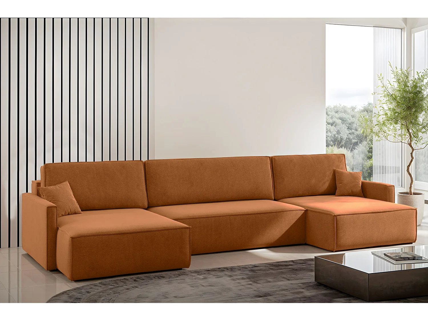 Canapé d'angle en U Carlos avec fonction couchage et coffre de lit, tissu Salvador Brown