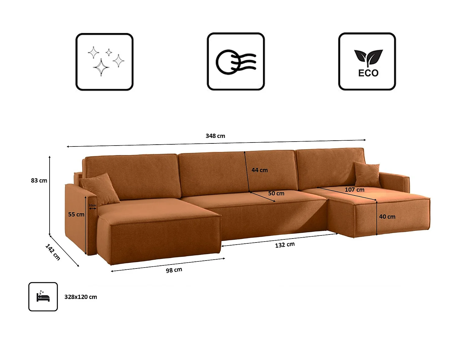 Canapé d'angle en U Carlos avec fonction couchage et coffre de lit, tissu Salvador Brown