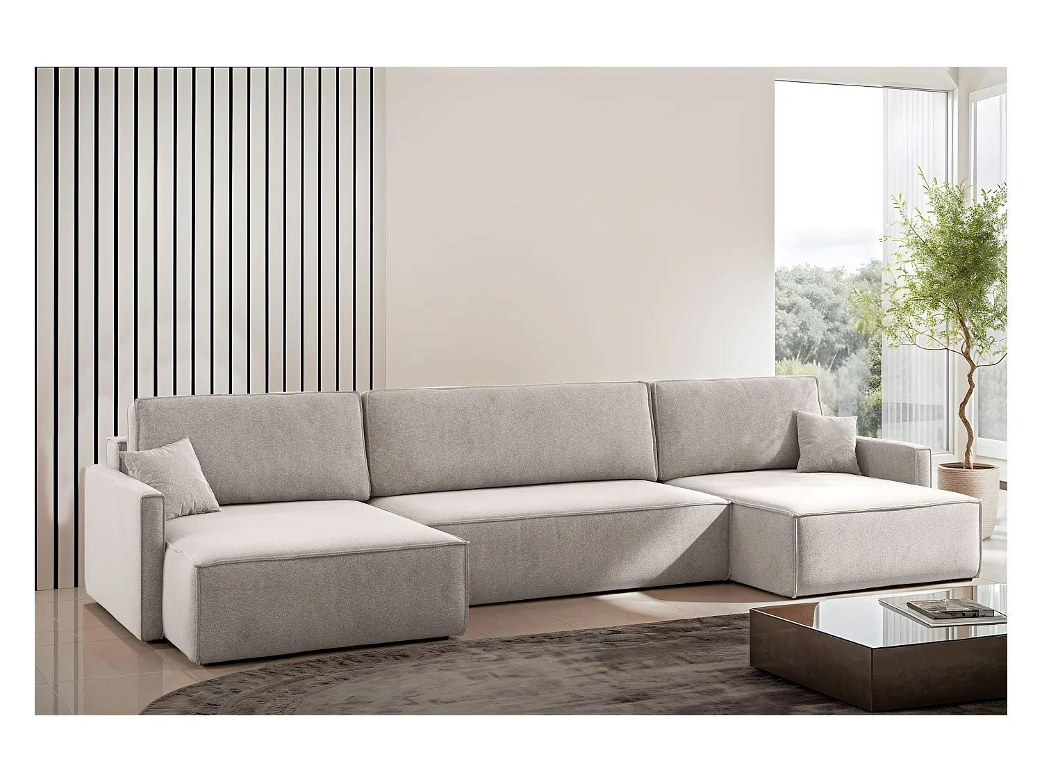 Divano angolare Carlos a U con funzione letto e contenitore in tessuto Salvador Beige