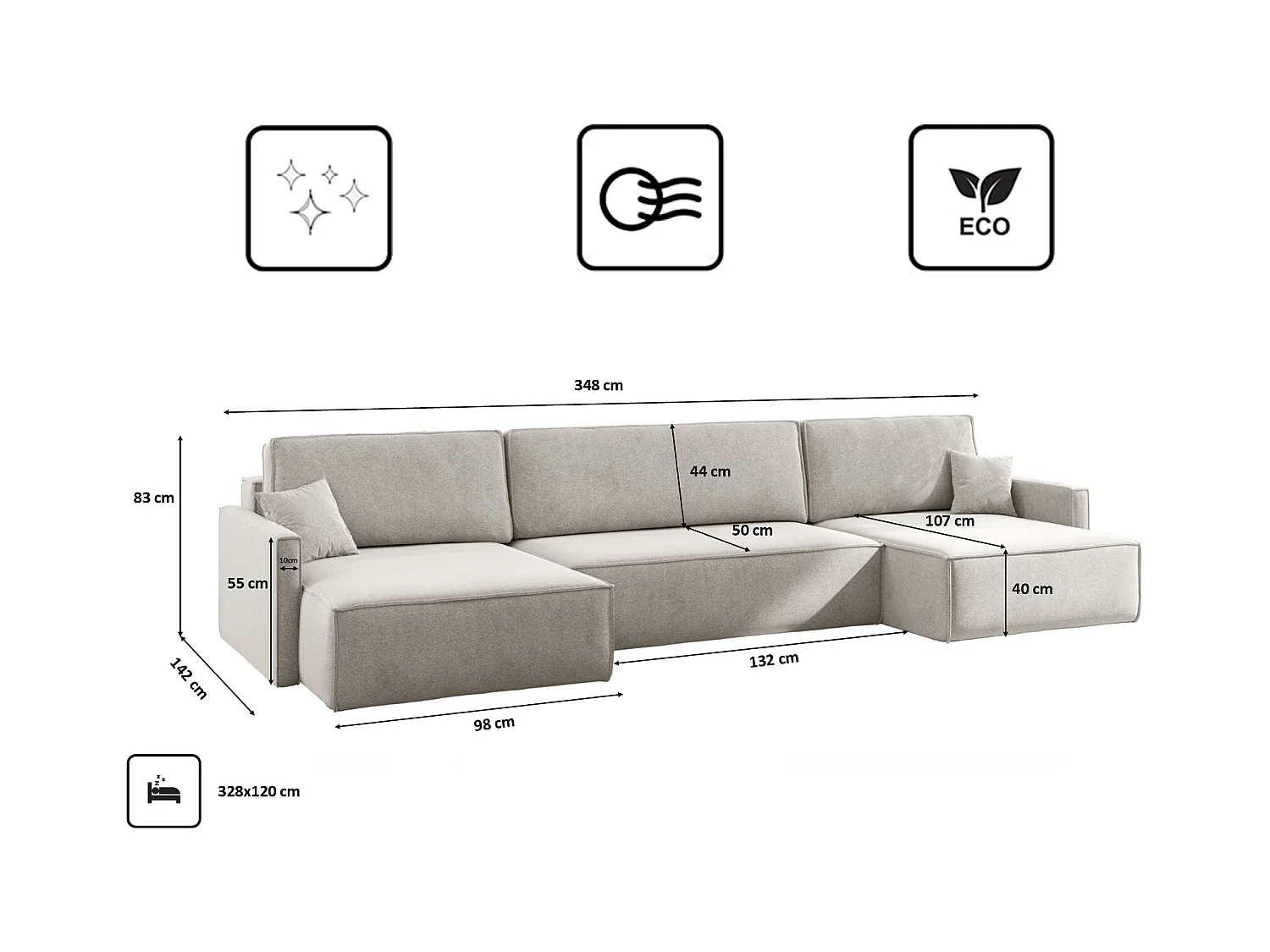 Ecksofa Carlos U-Form Mit Schlaffunktion Und Bettkasten Stoff Salvador Hellgrau