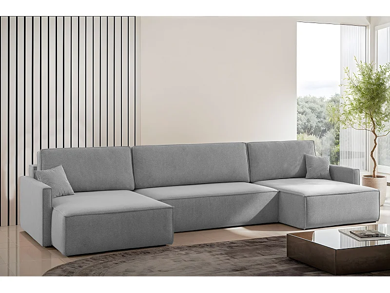 Canapé d'angle en U Carlos avec fonction couchage et coffre de lit, tissu Salvador Grey