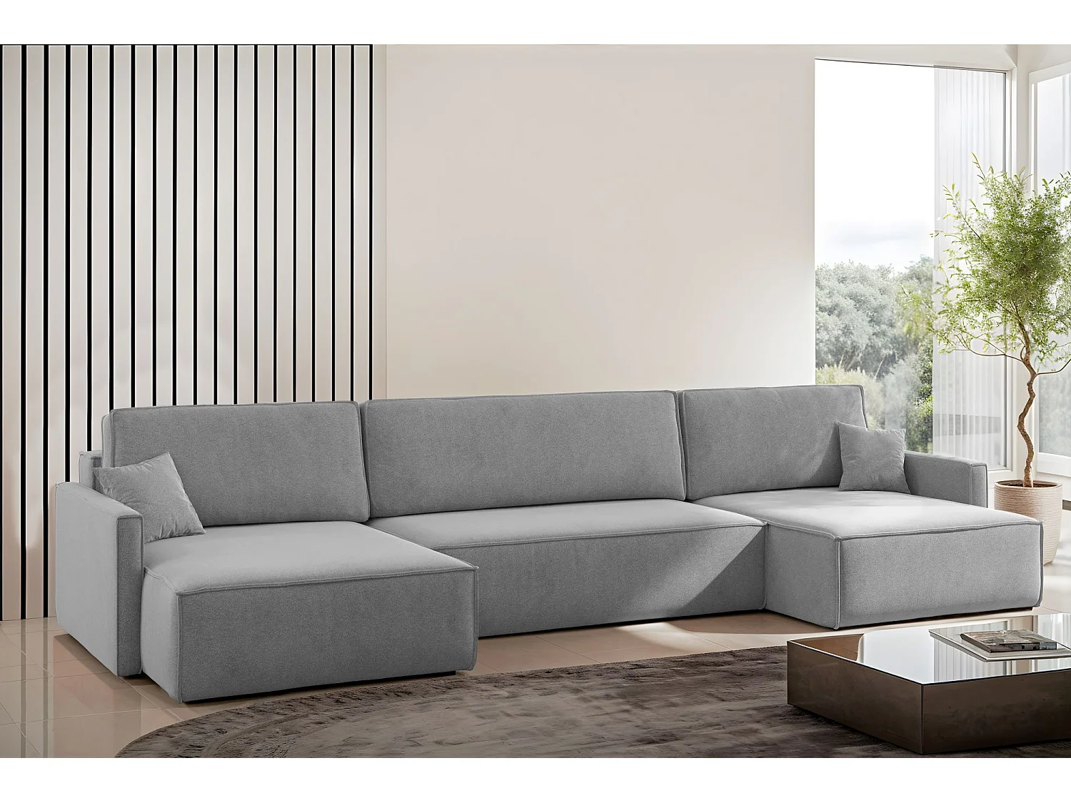 Canapé d'angle en U Carlos avec fonction couchage et coffre de lit, tissu Salvador Grey