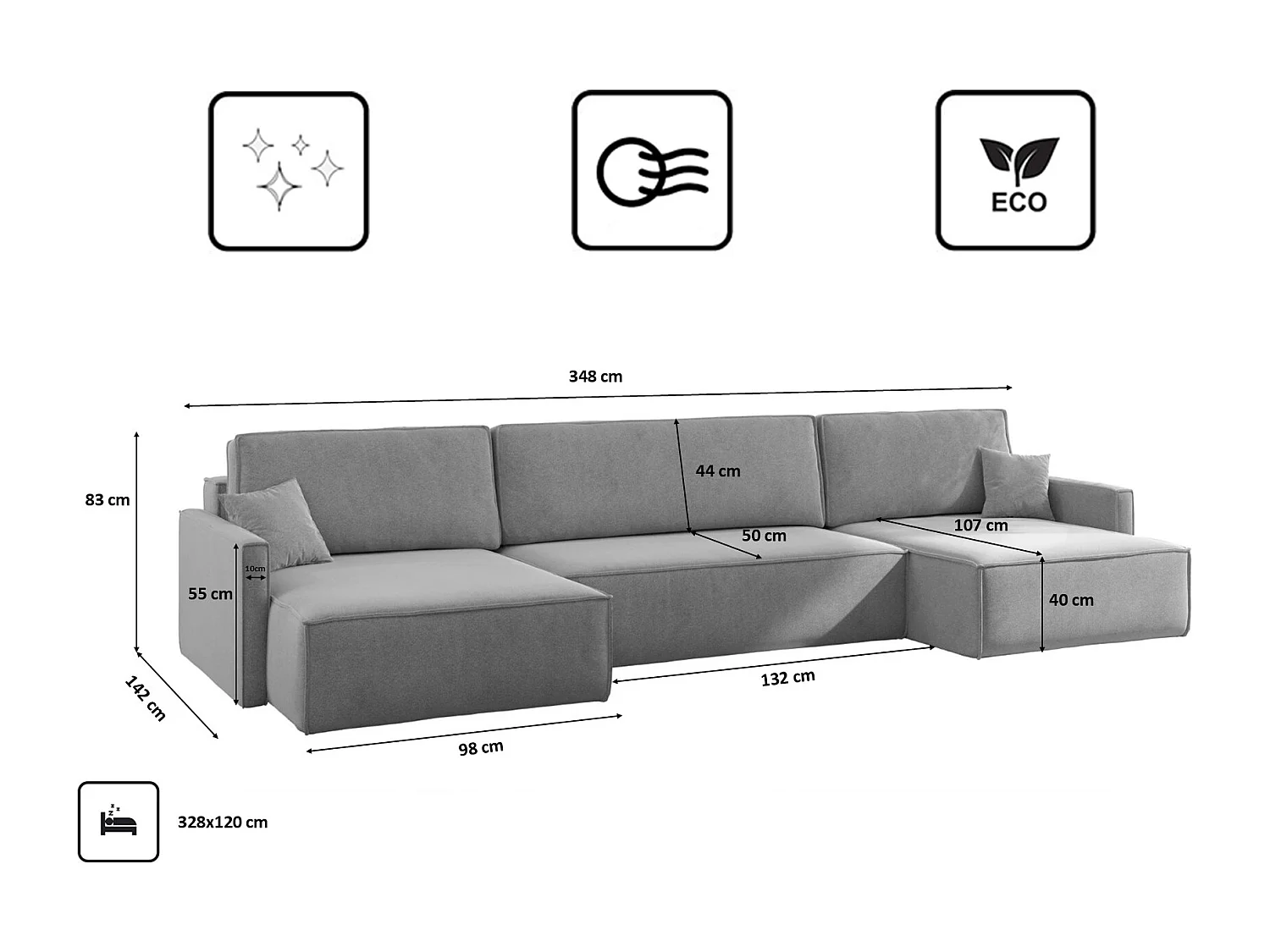 Canapé d'angle en U Carlos avec fonction couchage et coffre de lit, tissu Salvador Grey