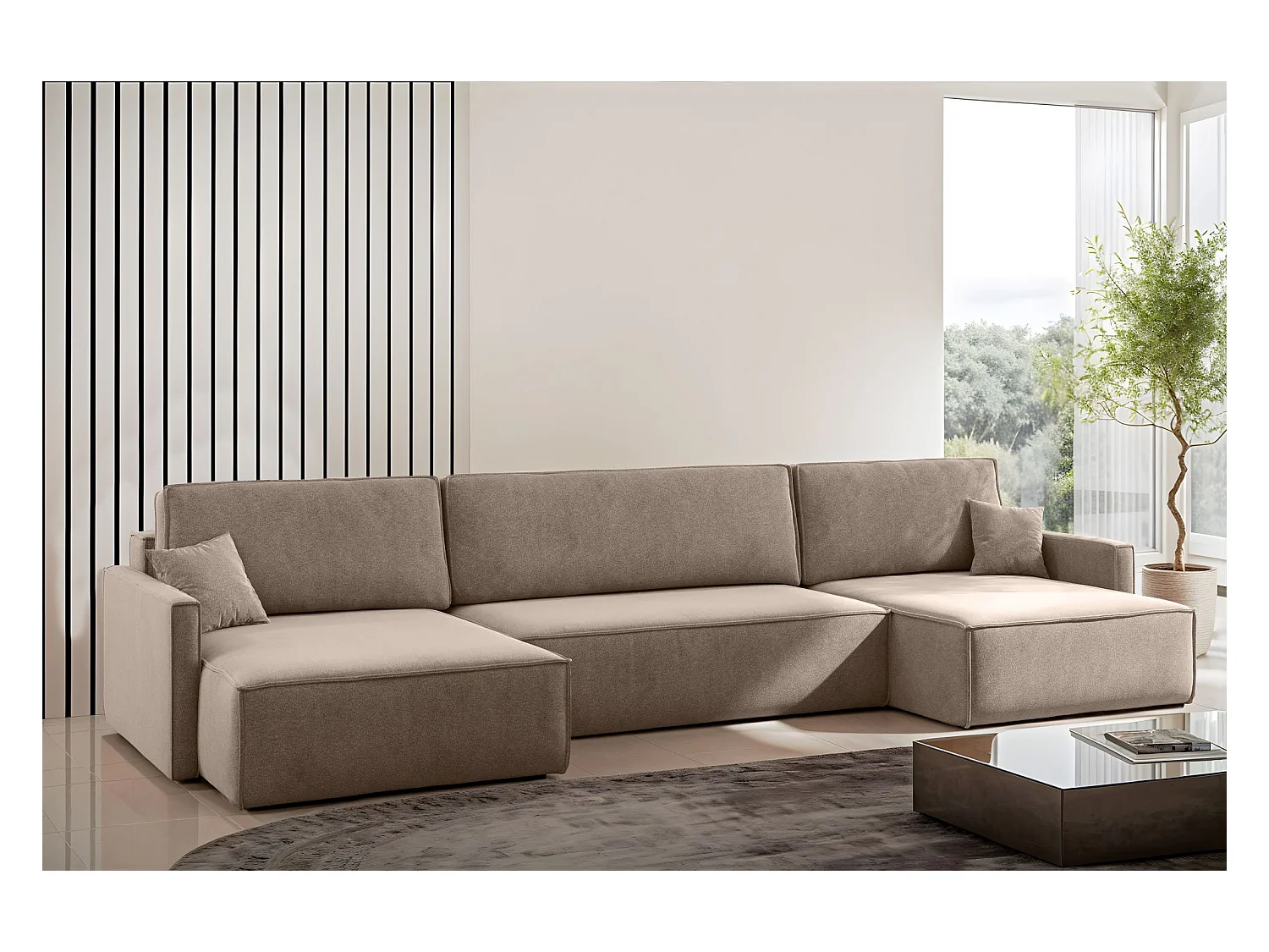 Divano angolare Carlos a U con funzione letto e contenitore, tessuto Salvador beige scuro