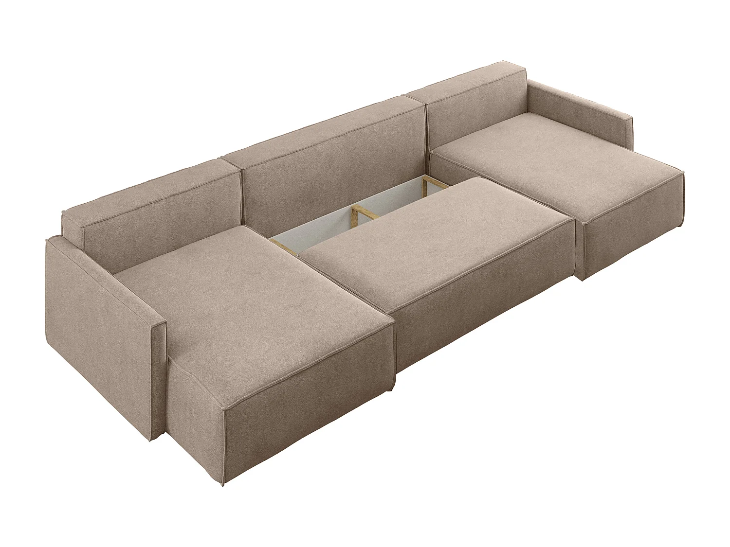 Canapé d'angle en U Carlos avec fonction couchage et coffre de lit, tissu Salvador beige foncé