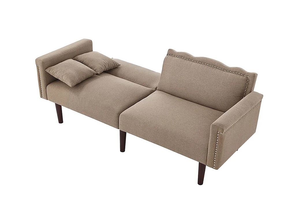 Canapé multifonction 2 en 1 deux places avec méridienne dossiers réglables indépendants ornements métalliques tissu coton lin brun antique