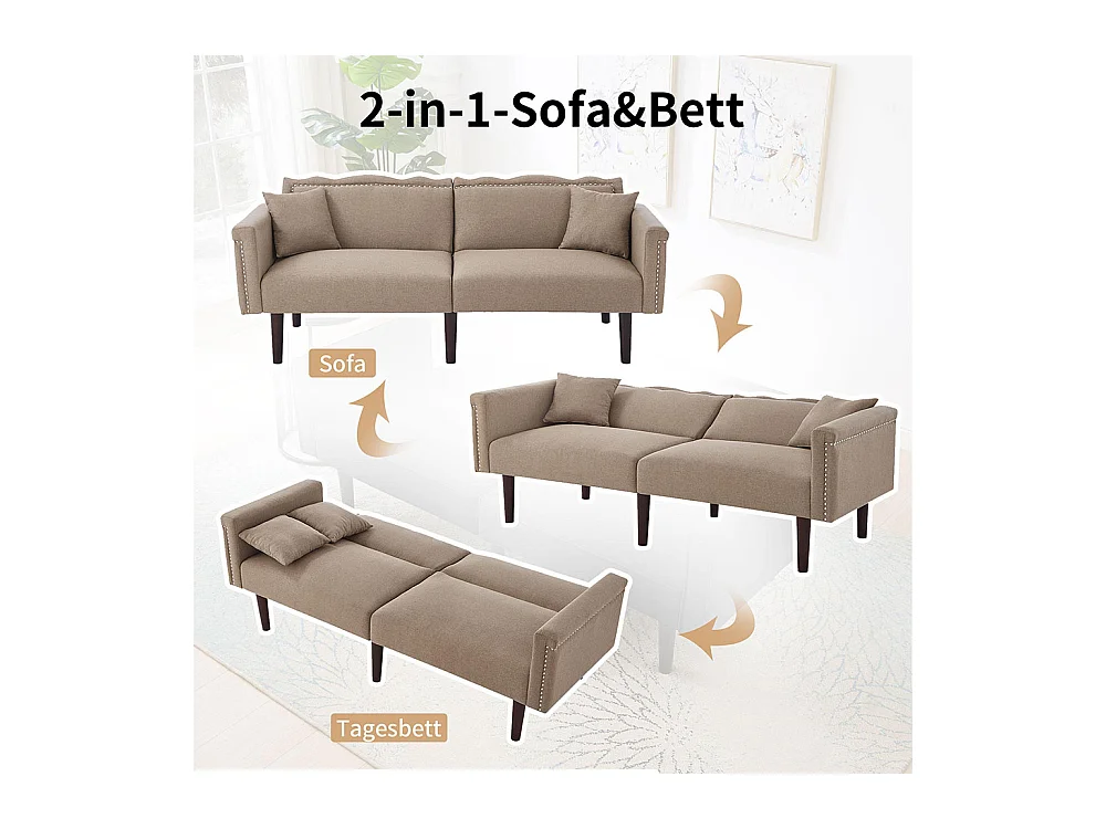 Canapé multifonction 2 en 1 deux places avec méridienne dossiers réglables indépendants ornements métalliques tissu coton lin brun antique