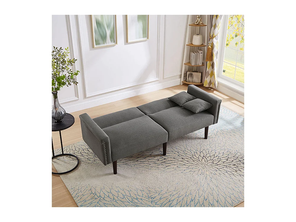 Canapé multifonction 2 en 1 deux places avec méridienne dossiers réglables indépendants ornements métalliques tissu coton lin gris antique