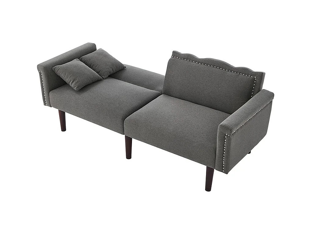 Canapé multifonction 2 en 1 deux places avec méridienne dossiers réglables indépendants ornements métalliques tissu coton lin gris antique