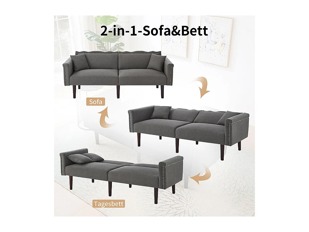 Canapé multifonction 2 en 1 deux places avec méridienne dossiers réglables indépendants ornements métalliques tissu coton lin gris antique