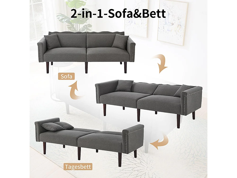 Canapé multifonction 2 en 1 deux places avec méridienne dossiers réglables indépendants ornements métalliques tissu coton lin gris antique