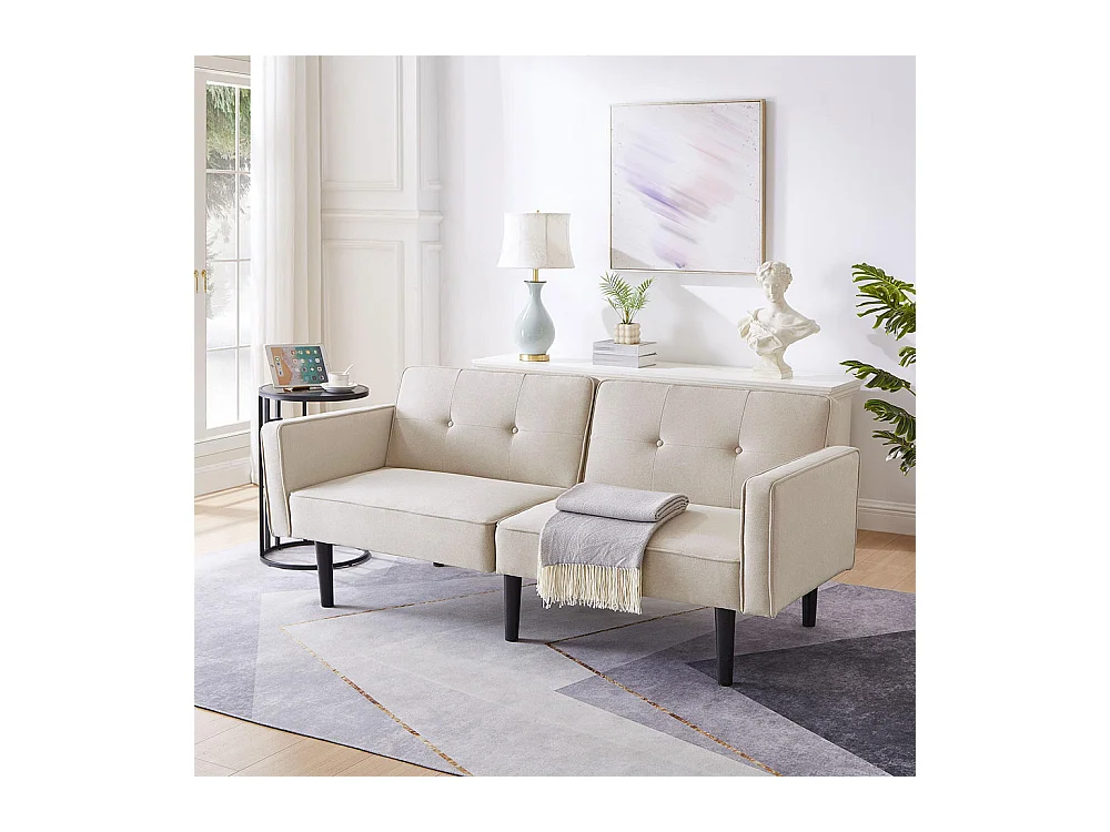 Canapé multifonction 2 en 1 deux places avec méridienne dossiers réglables indépendants ornements métalliques tissu coton lin beige