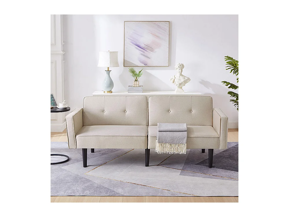 Canapé multifonction 2 en 1 deux places avec méridienne dossiers réglables indépendants ornements métalliques tissu coton lin beige