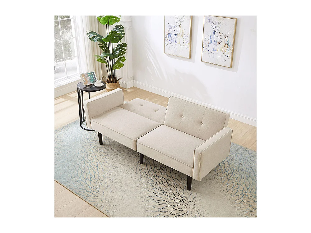 Canapé multifonction 2 en 1 deux places avec méridienne dossiers réglables indépendants ornements métalliques tissu coton lin beige