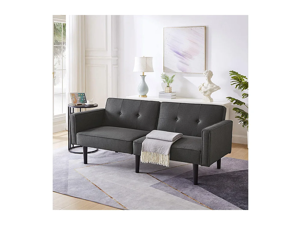 Canapé multifonction 2 en 1 deux places avec méridienne dossiers réglables indépendants ornements métalliques tissu coton lin noir antique