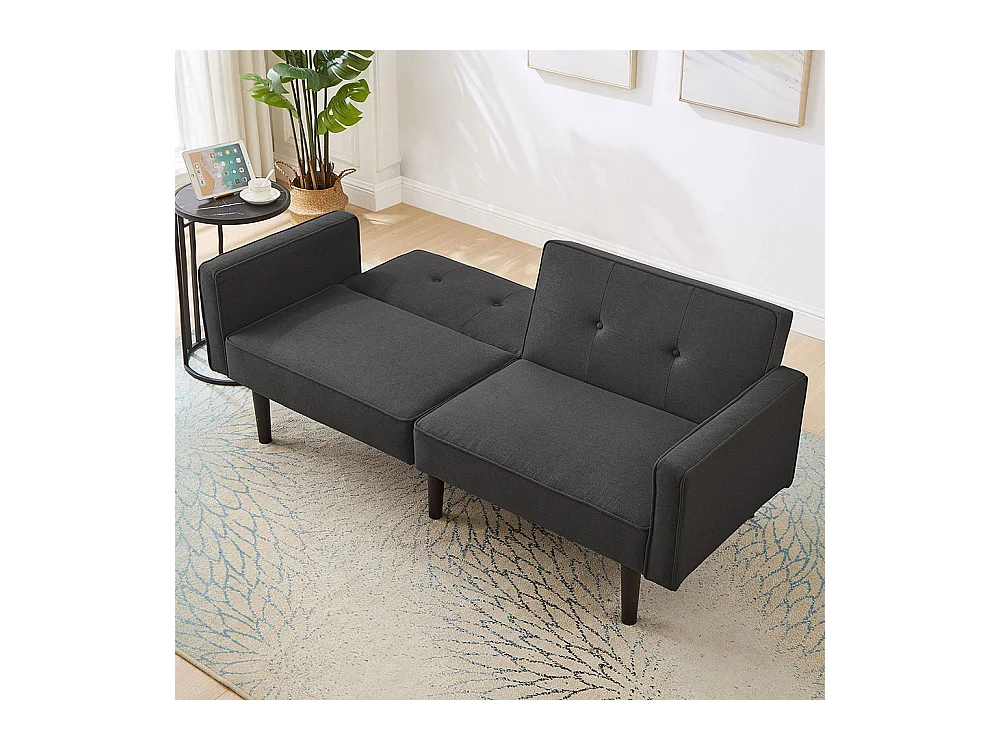 Canapé multifonction 2 en 1 deux places avec méridienne dossiers réglables indépendants ornements métalliques tissu coton lin noir antique