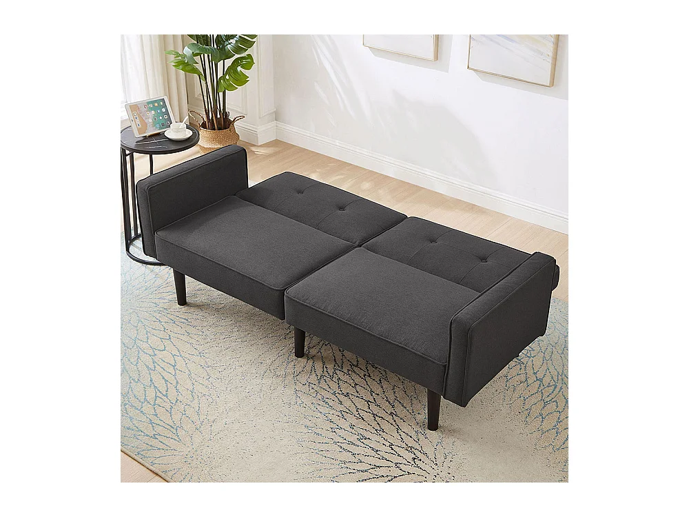 Canapé multifonction 2 en 1 deux places avec méridienne dossiers réglables indépendants ornements métalliques tissu coton lin noir antique