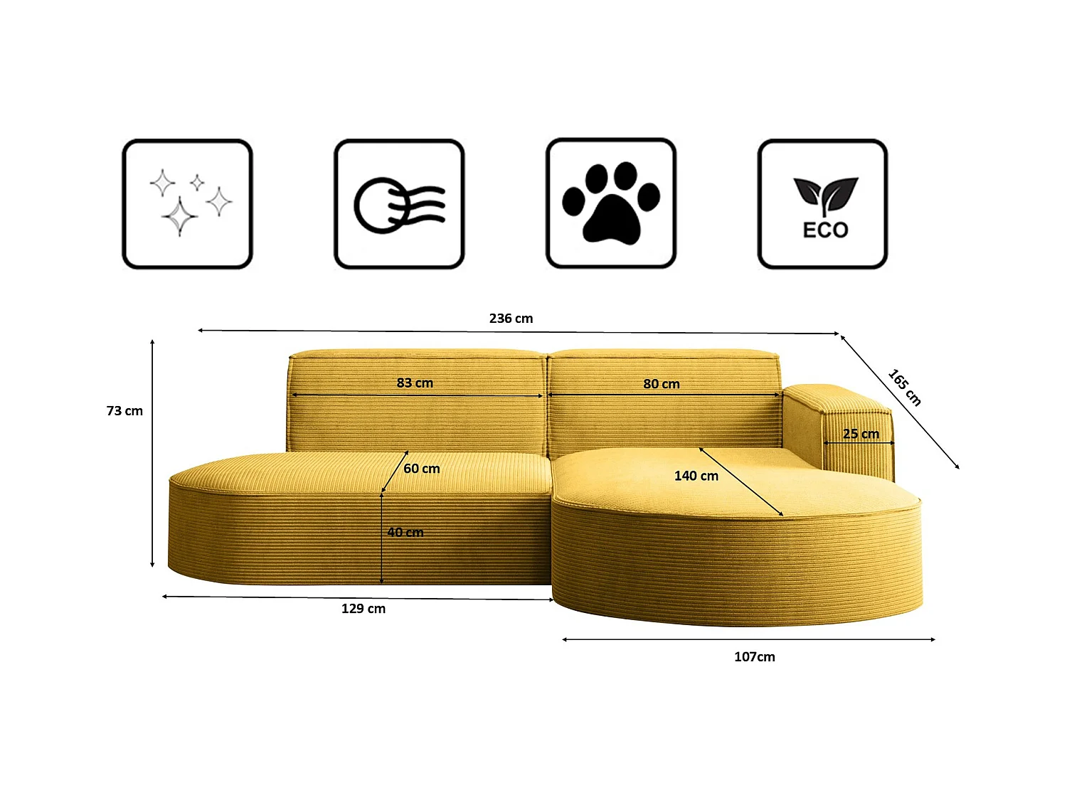 Ecksofa Designer MODENA STUDIO stoff Dicker cord Poso Gelb Rechts
