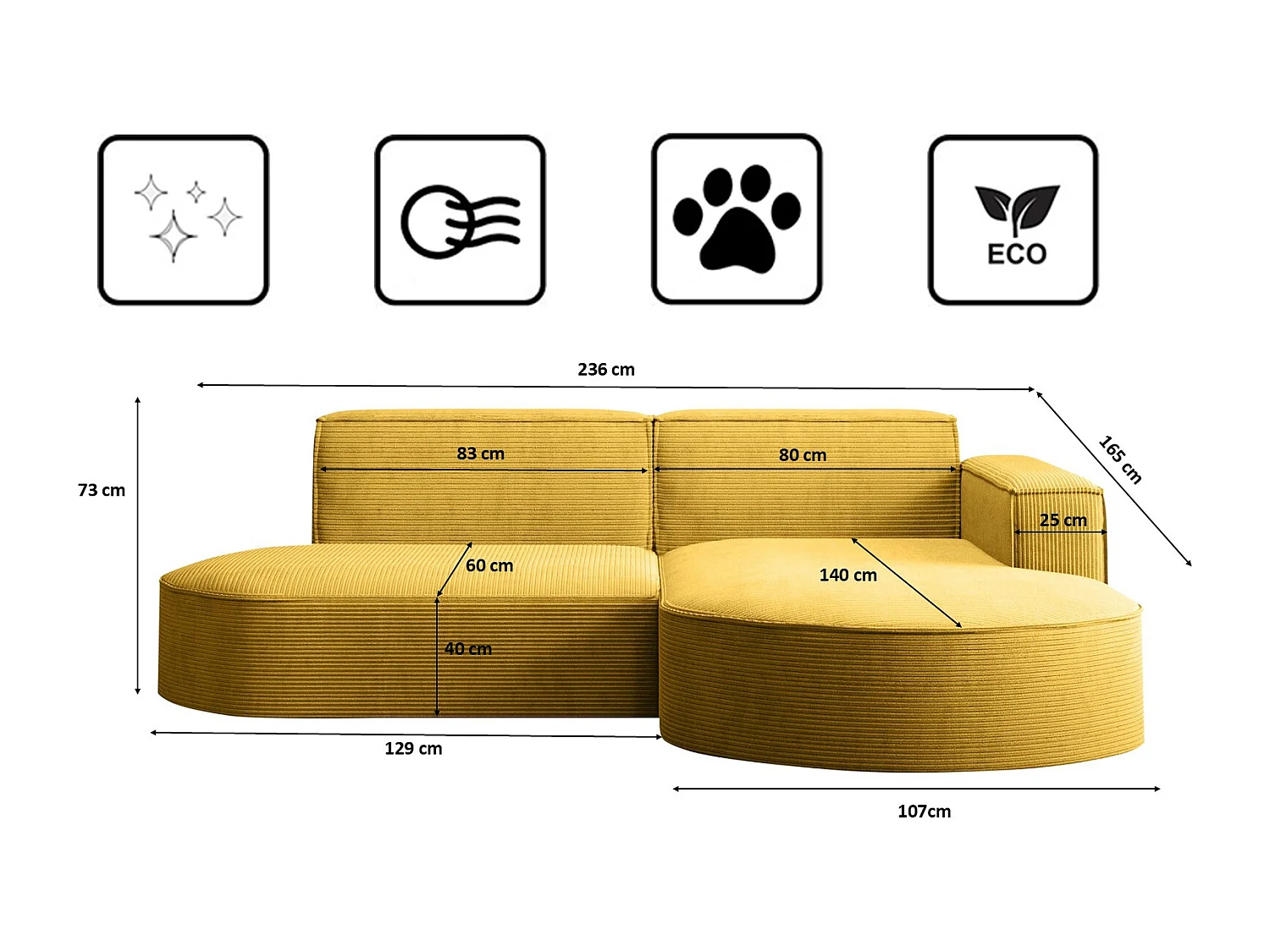 Canapé d'angle Designer MODENA STUDIO tissu Cordon épais Poso Jaune Droit