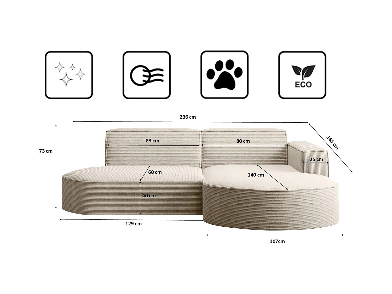 Ecksofa Designer MODENA STUDIO stoff Dicker cord Poso Beige Rechts