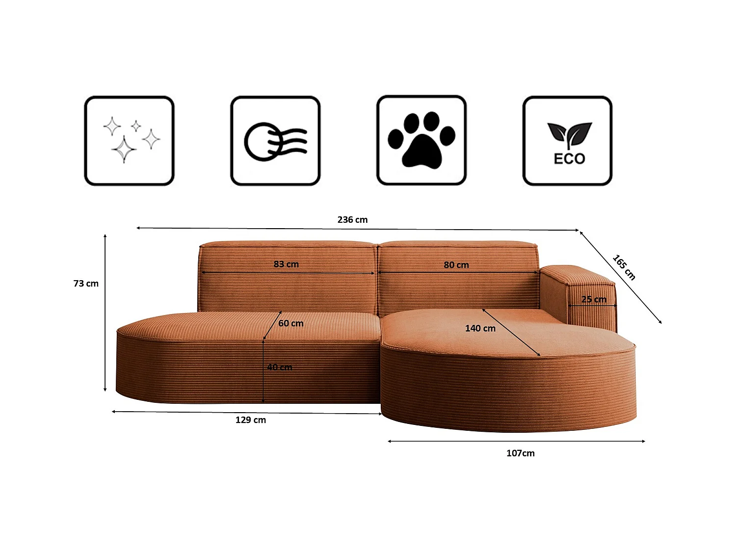 Ecksofa Designer MODENA STUDIO stoff Dicker cord Poso Ziegel Rechts