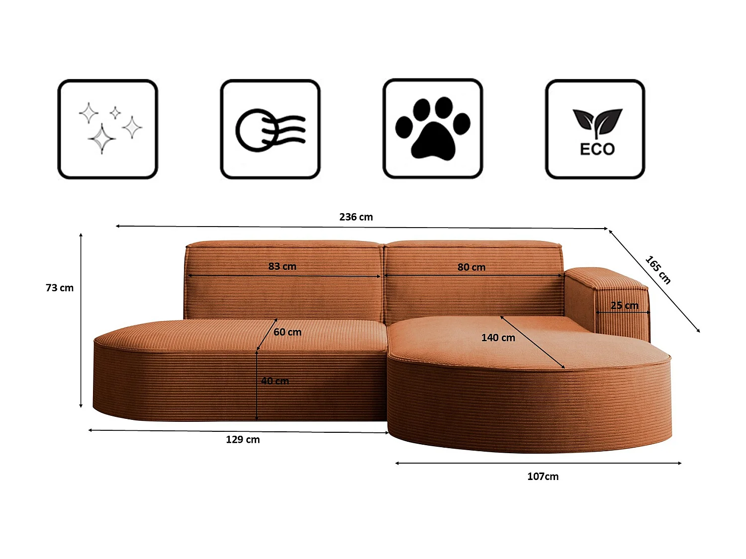 Canapé d'angle Designer MODENA STUDIO tissu Cordon épais Poso Brick Droit