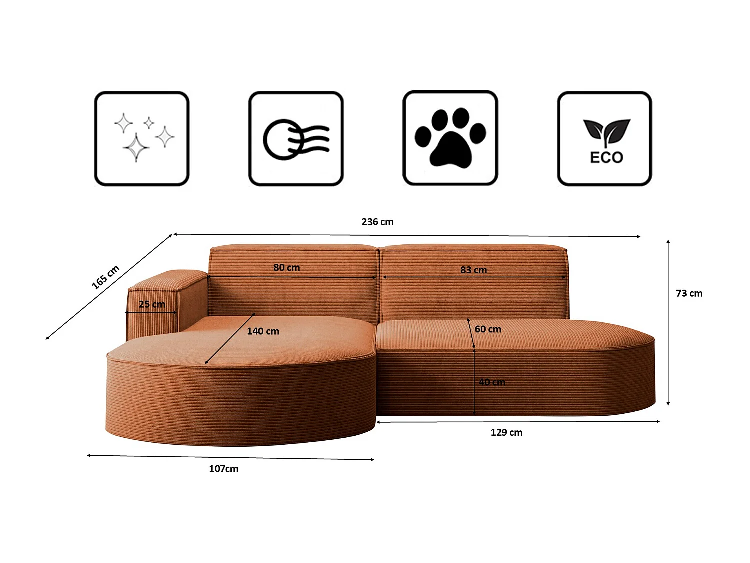 Canapé d'angle Designer MODENA STUDIO tissu Cordon épais Poso Brick Gauche