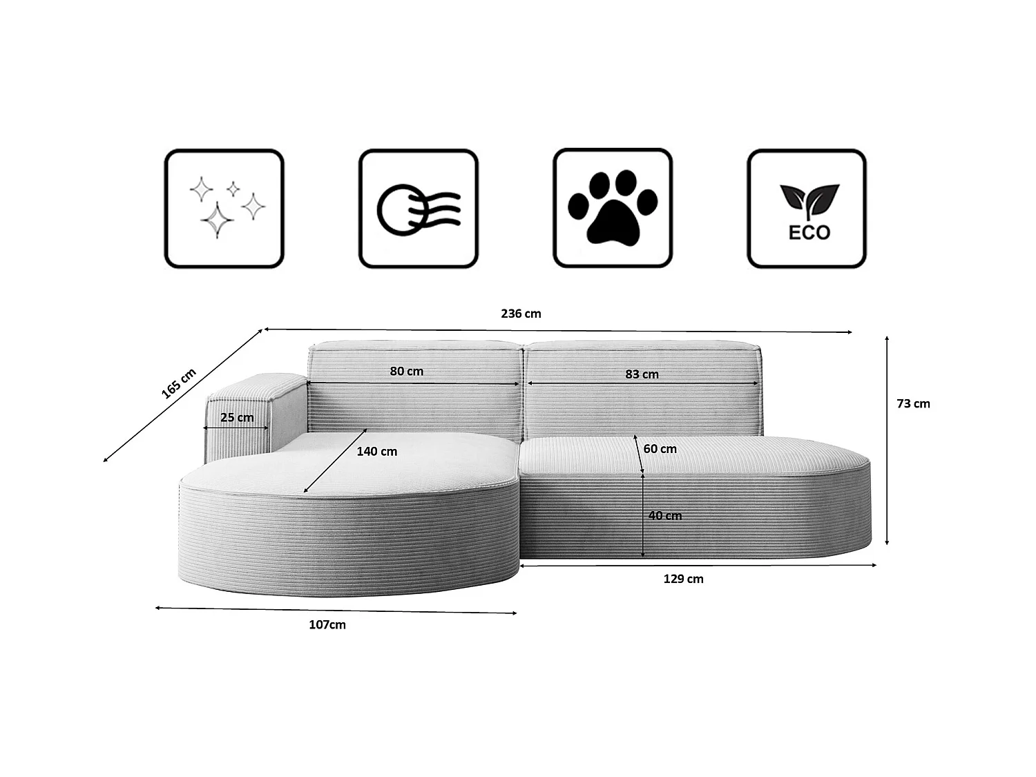 Ecksofa Designer MODENA STUDIO stoff Dicker cord Poso Hellgrau Links