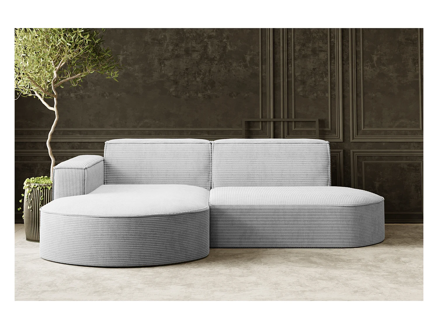 Canapé d'angle Designer MODENA STUDIO tissu Cordon épais Poso Gris Clair Gauche