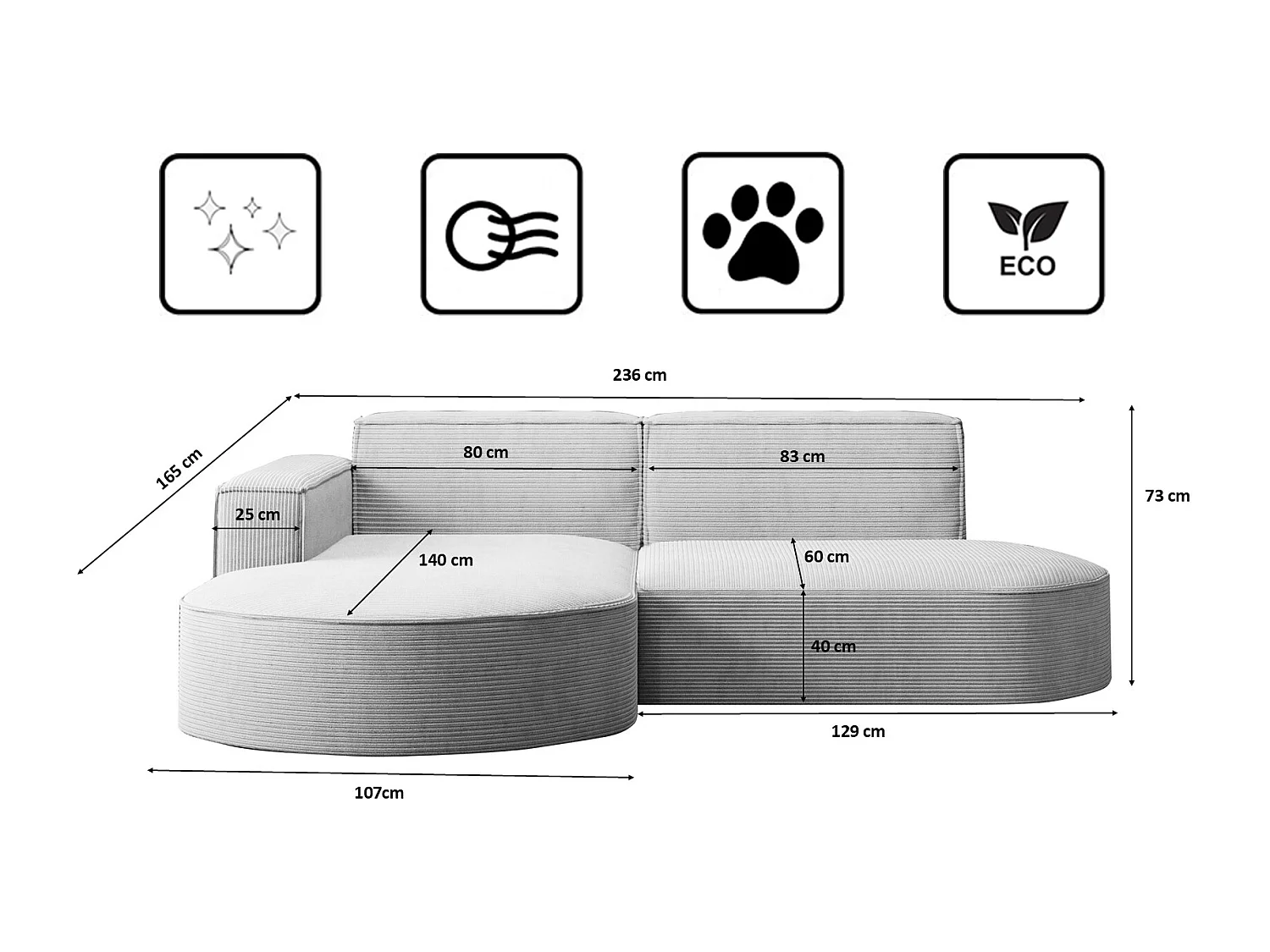 Canapé d'angle Designer MODENA STUDIO tissu Cordon épais Poso Gris Clair Gauche