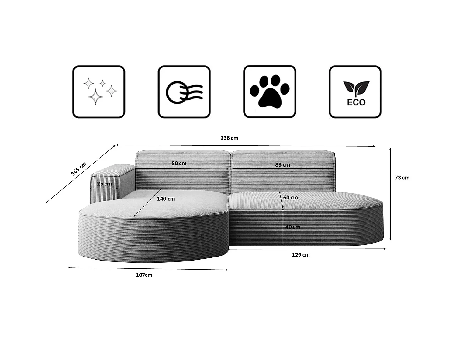 Ecksofa Designer MODENA STUDIO stoff Dicker cord Poso Silber Links