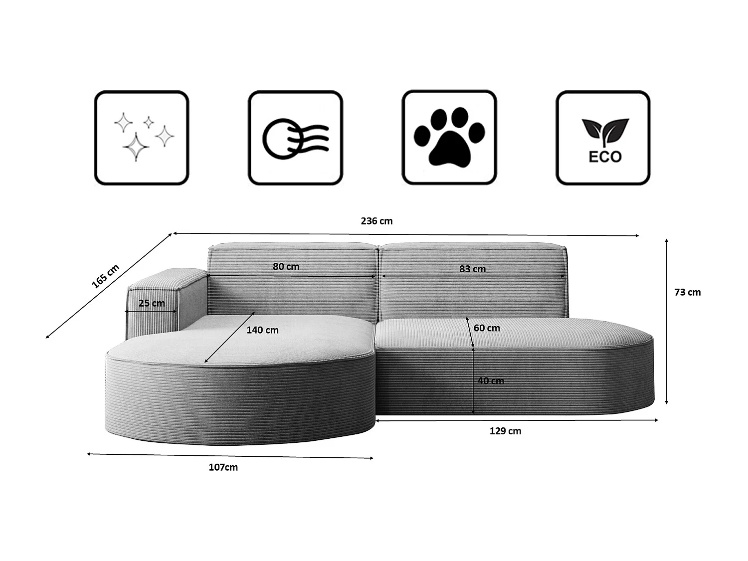 Canapé d'angle Designer MODENA STUDIO tissu Cordon épais Poso Silver Gauche