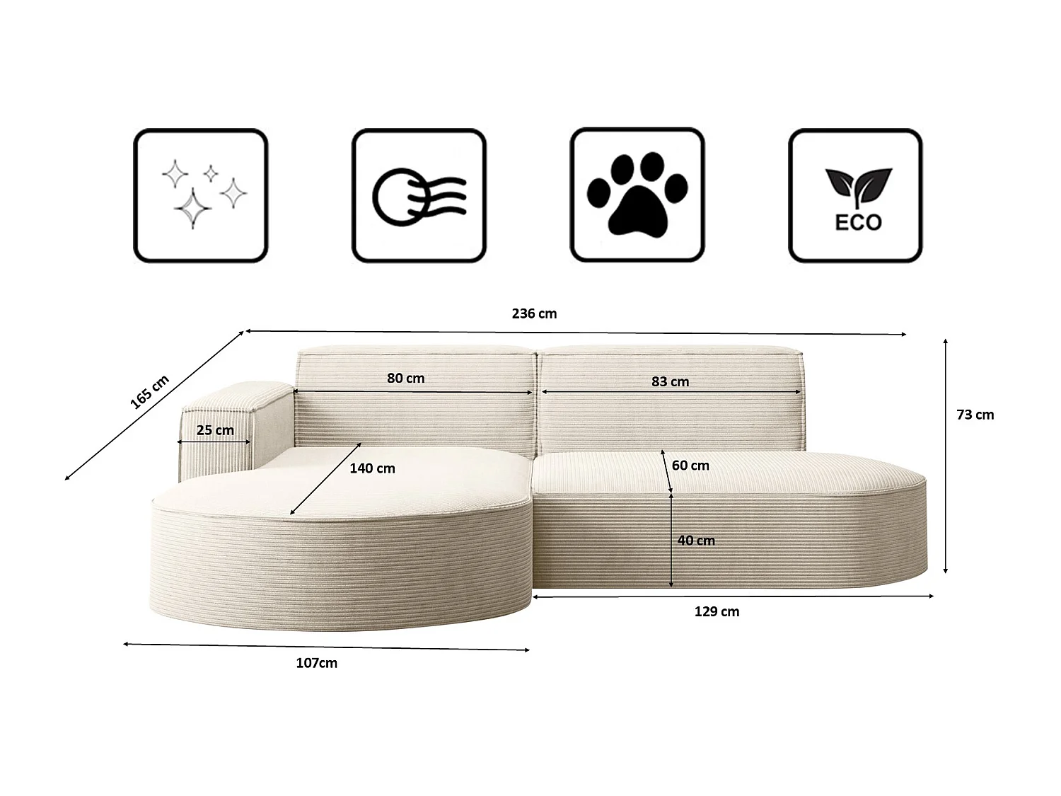 Ecksofa Designer MODENA STUDIO stoff Dicker cord Poso Ecru Links