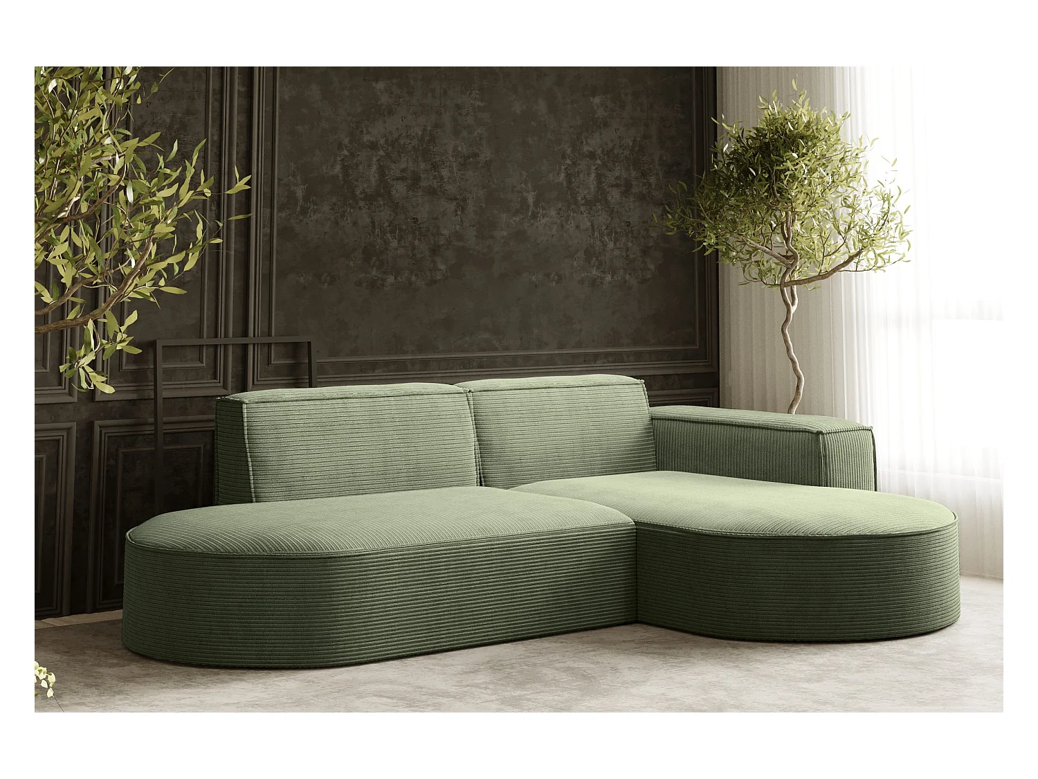 Ecksofa Designer MODENA STUDIO stoff Dicker cord Poso Hellgrün Rechts
