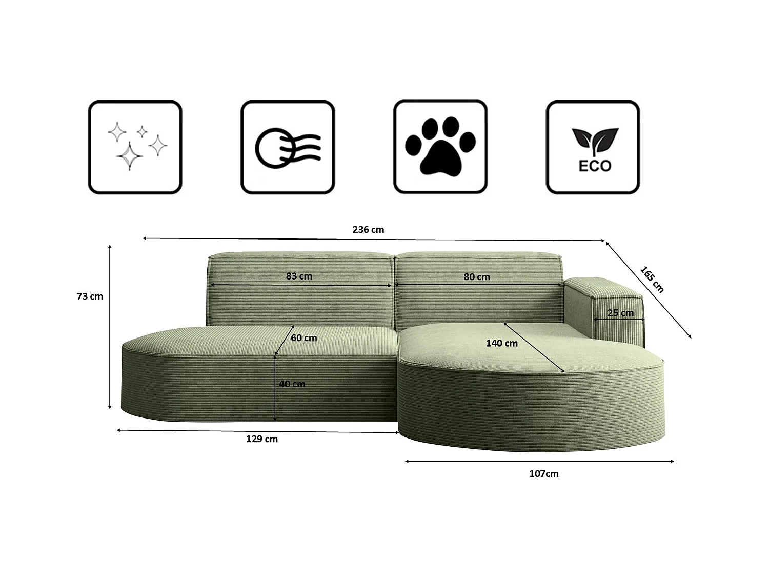 Ecksofa Designer MODENA STUDIO stoff Dicker cord Poso Hellgrün Rechts