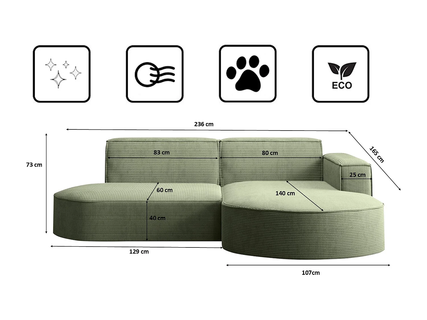 Canapé d'angle Designer MODENA STUDIO tissu Cordon épais Poso Vert Clair Droit