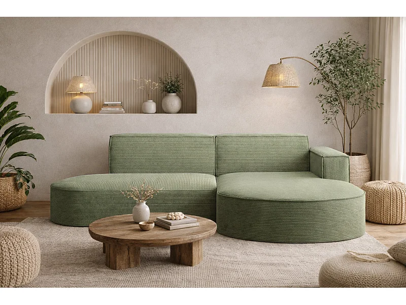 Hoekbank Designer MODENA STUDIO stof Dik koord Poso Lichtgroen Rechts