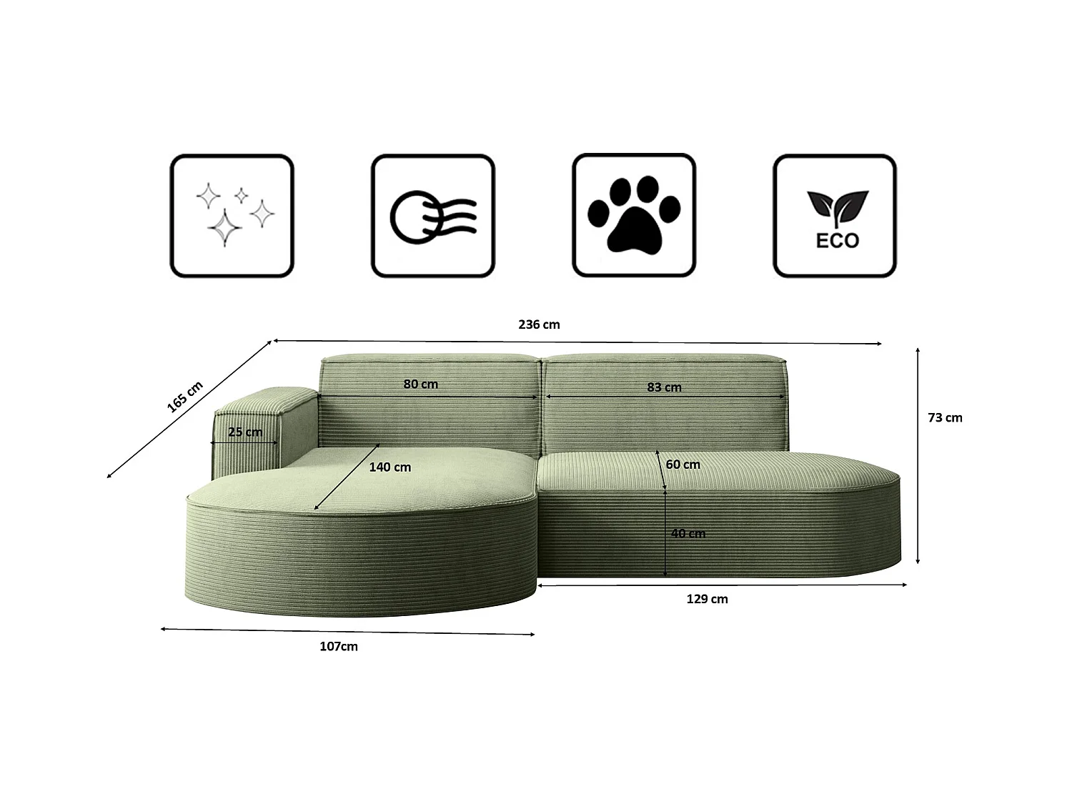 Ecksofa Designer MODENA STUDIO stoff Dicker cord Poso Hellgrün Links